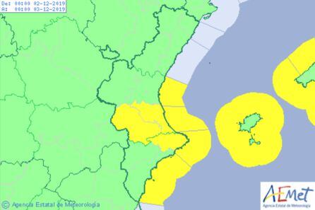 Avisos activos por la Agencia Estatal de Meteorología durante este lunes, 2 de diciembre, en la Comunitat Valenciana