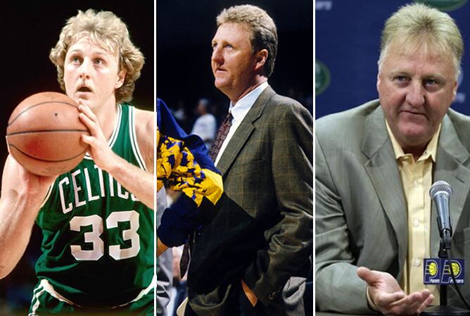 Larry Bird, de jugador en Boston, y como entrenador y manager en Indiana.