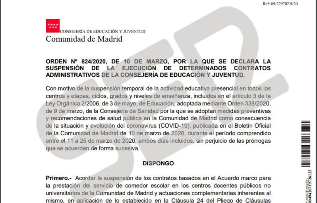 Documento que declara la suspensión de contratos administrativos ed la Consejería de Educación.