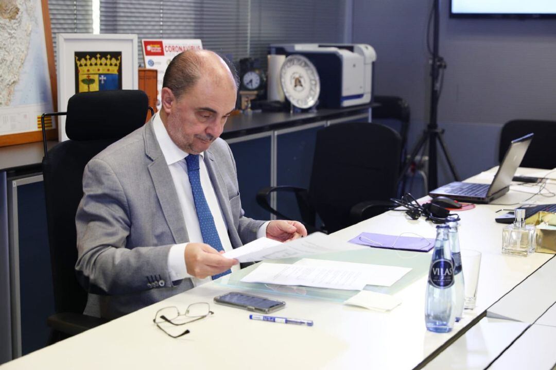 Javier Lambán, en la décimotercera videoconferencia de presidentes autonómicos