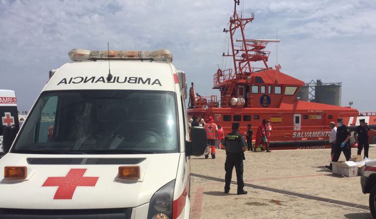 Voluntario de Cruz Roja atienden a los inmigrantes rescatados en el Puerto de Málaga