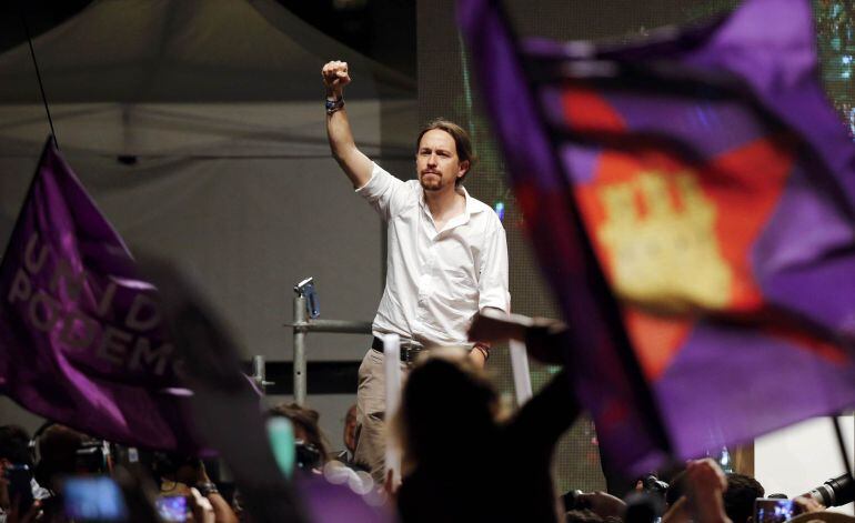 El líder de Podemos, Pablo Iglesias, durante la noche electoral