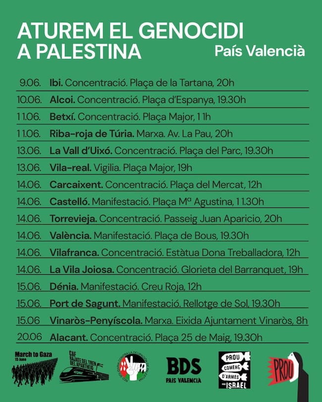 Lista de los municipios valencianos que se movilizan para exigir el fin del genocidio en Gaza.
