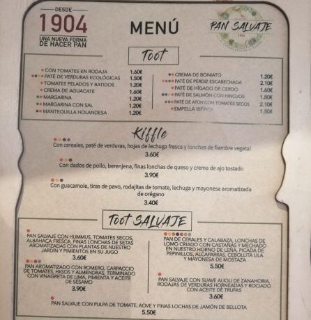 Carta de panes ecológicos. Pan Salvaje de Gaspar Aquino Cárdenas en San Juan del Puerto (Huelva)