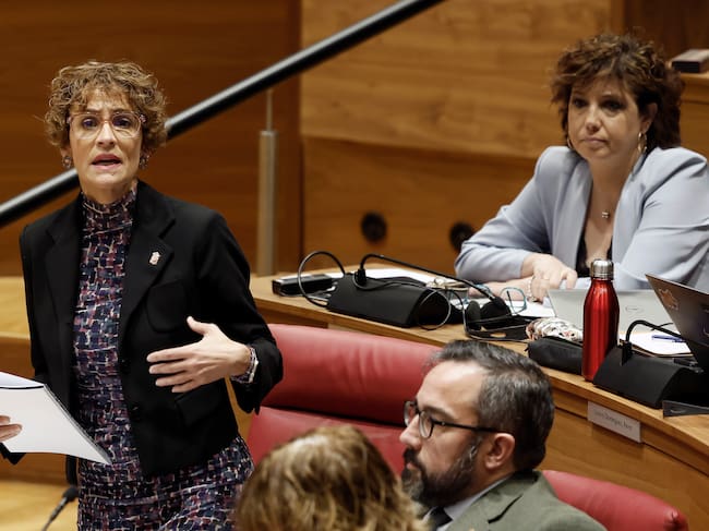 La presidenta de la Comunidad Foral de Navarra María Chivite durante su intervención en el Parlamento de Navarra que celebra pleno ordinario de control al Gobierno en el que será preguntado, entre otras cuestiones, sobre su respuesta a las consecuencias de la guerra de Irán y la Korrika