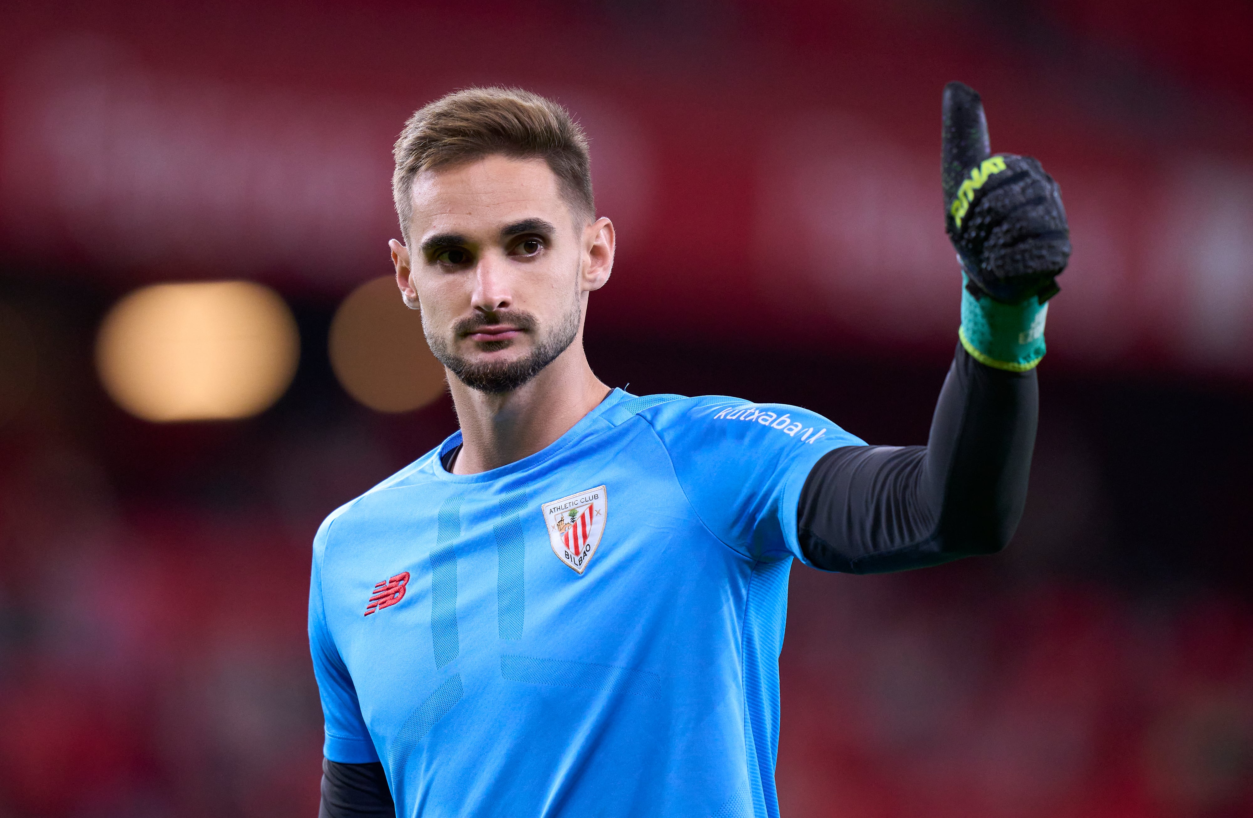 BILBAO, SPAIN - OCTOBER 01: Jokin Ezkieta of Athletic Club reacts prior to the La Liga Santander match between Athletic Club and Deportivo Alaves at San Mames Stadium on October 01, 2021 in Bilbao, Spain. (Photo by Ion Alcoba/Quality Sport Images/Getty Images)