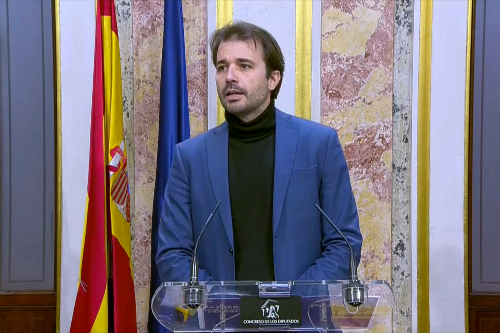 El diputado y portavoz de Podemos, Javier Sánchez Serna, durante una comparecencia este martes en el Congreso. Sánchez Serna confirmaba que los cinco diputados de Podemos, con Ione Belarra a la cabeza, dejaban Sumar y se incorporaban al Grupo Mixto