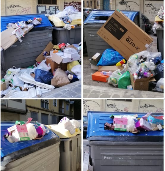 Fases de la recogida de las basuras en la calle Pintor Murillo de Alicante. De izquierda a derecha y de arriba a abajo: El contenedor de plástico y el de pape llenos. El contendor de papel ya vacío, pero no el de plástico. También se ha recogido los residuos que los rodeaban. En la tercera imagen, el suelo está completamente limpio pero ambos contenedores vuelven a estar llenos y en la última imagen el de papel continua lleno, el de plástico ha sido vaciado, pero no se aprecia en la imagen.