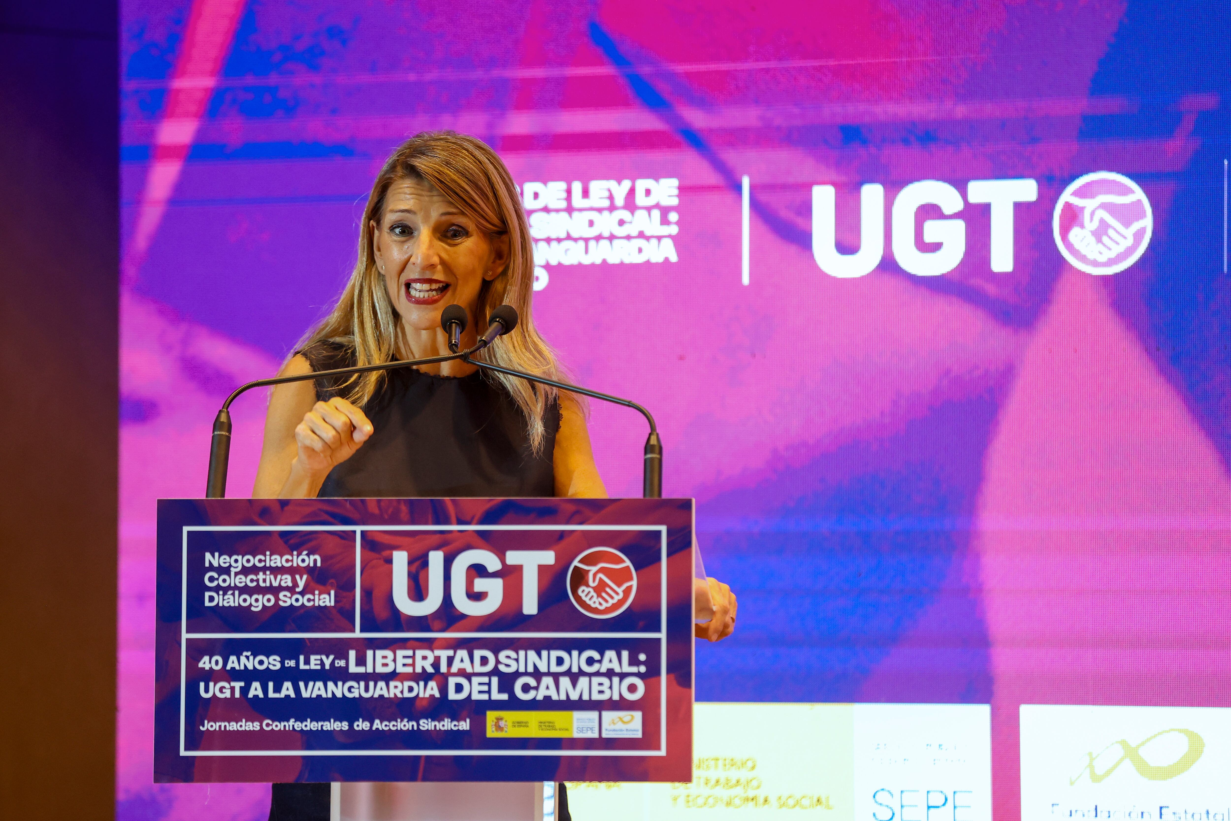 MADRID , 22/10/2025.- La vicepresidenta segunda del Gobierno, Yolanda Díaz, interviene durante las jornadas 40 años de la ley de libertad sindical: UGT a la vanguardia del cambio, este miércoles en Madrid. EFE/ Víctor Lerena