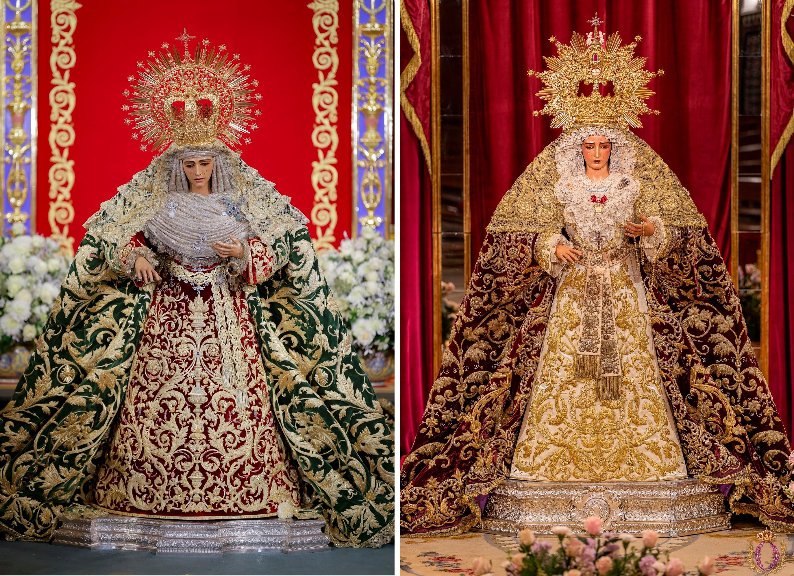 La Esperanza de Triana -a la izquierda- y la Virgen de La O han abierto los besamanos de las Esperanzas en Sevilla