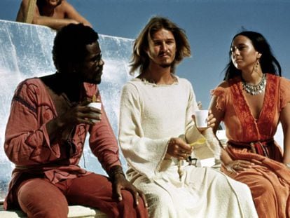 Ted Neeley, Carl Anderson e Yvonne Elliman en un descanso del rodaje de Jesucristo superstar.