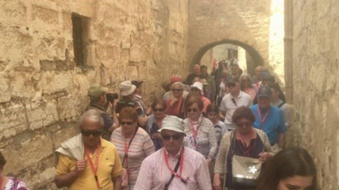 Grupo de turistas por una calle de Baeza.