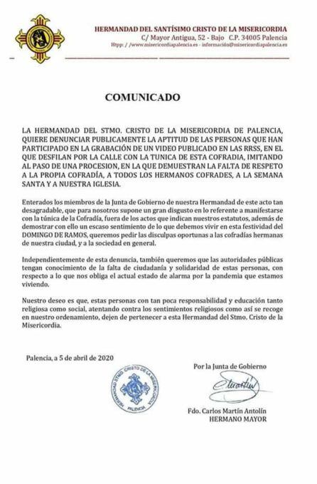 Comunicado condenando el vídeo donde dos personas procesionan con papel higiénico en Palencia durante el Estado de Alarma