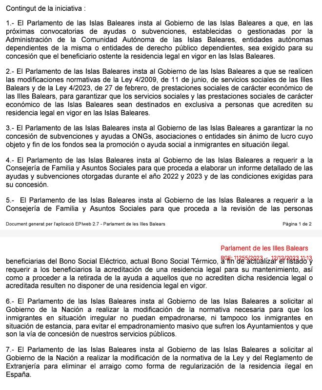 Imagen de la moción registrada este martes por Vox