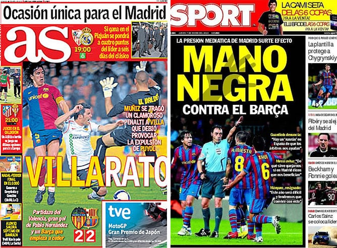 <i>AS</i> denuncia en su portada el 'Villarato' y el <i>SPORT, la 'Mano Negra'</i>