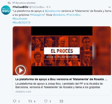 El tuit de la plataforma de apoyo a Bou que ha retuiteado el PP de Barcelona