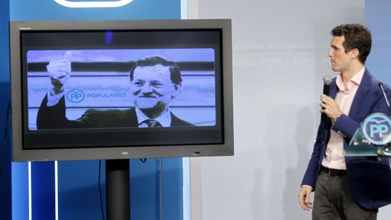 El vicesecretario de Comunicación del PP, Pablo Casado, presenta la Conferencia Política del Partido Popular que se celebra este viernes y el sábado.