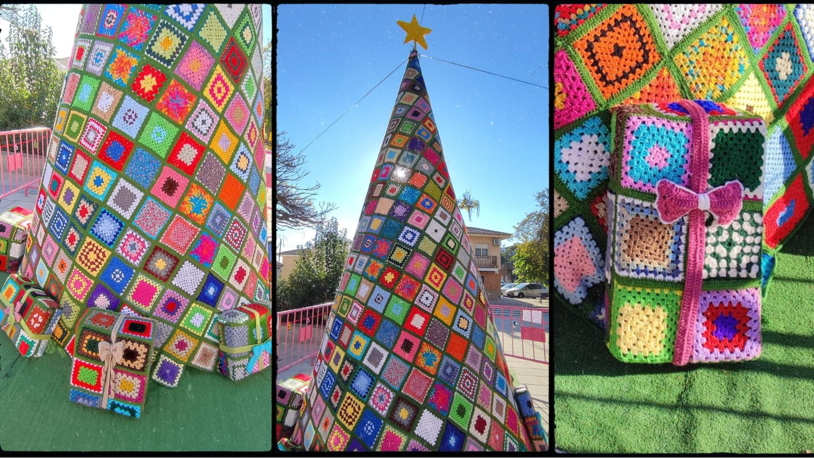 Imagen del árbol de Navidad que han tejido durante meses en el barrio de Azucaica (Toledo)