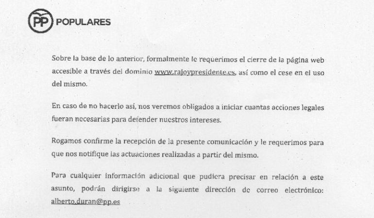 Escrito de la asesoría jurídica del PP dirigido a &#039;El Mundo Today&#039;.