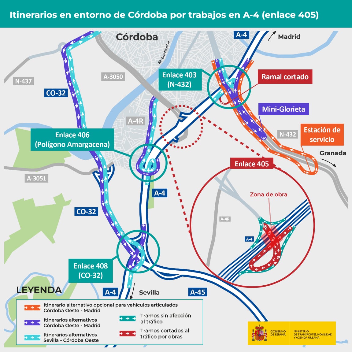 Plano de las alternativas ante el corte del enlace de la A-4 con la ronda Oeste. Fuente: Ministerio de Transportes.