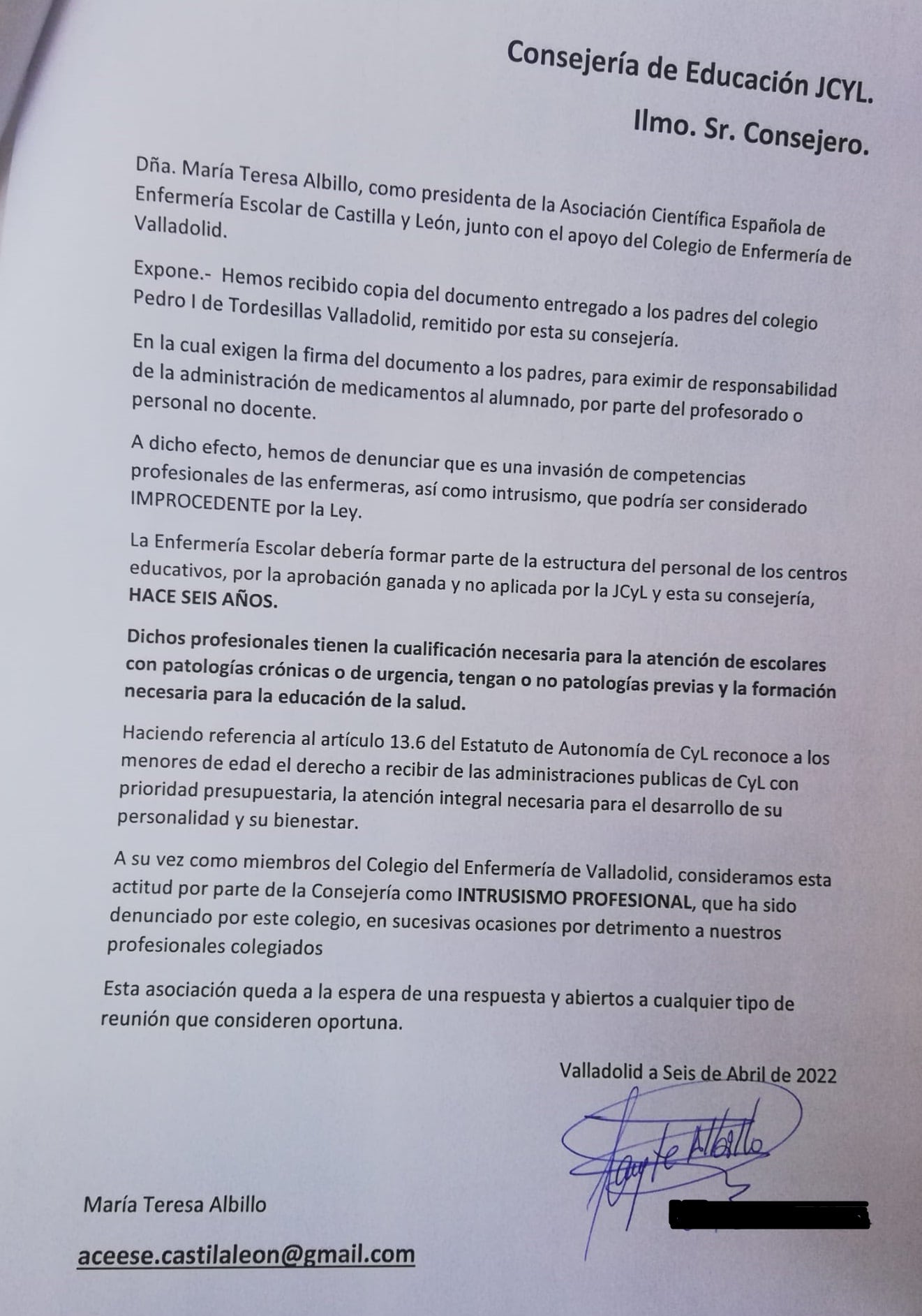 Escrito registrado ante la Junta por la Asociación de Enfermera Escolar