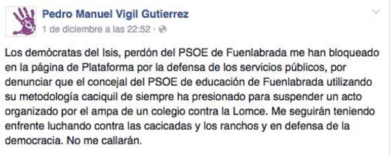 Comentario ya borrado en el perfil de Facebook de Pedro Vigil