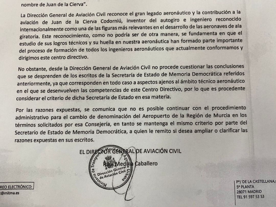 La carta recibida en la consejería de Fomento