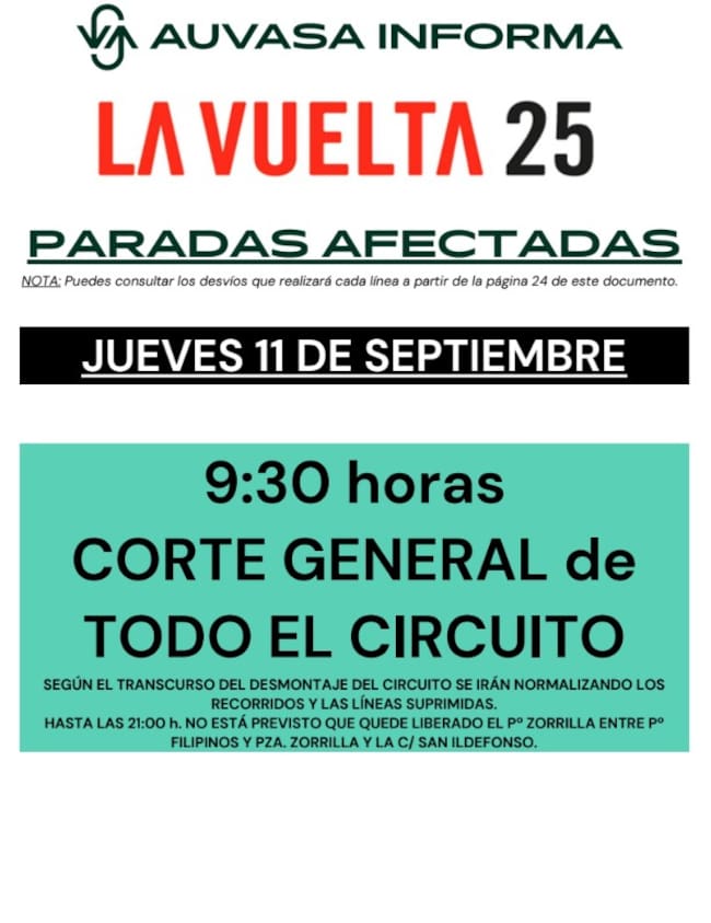 Cartel de aviso de los cambios en los autobuses de Auvasa para el día de la Vuelta en Valladolid
