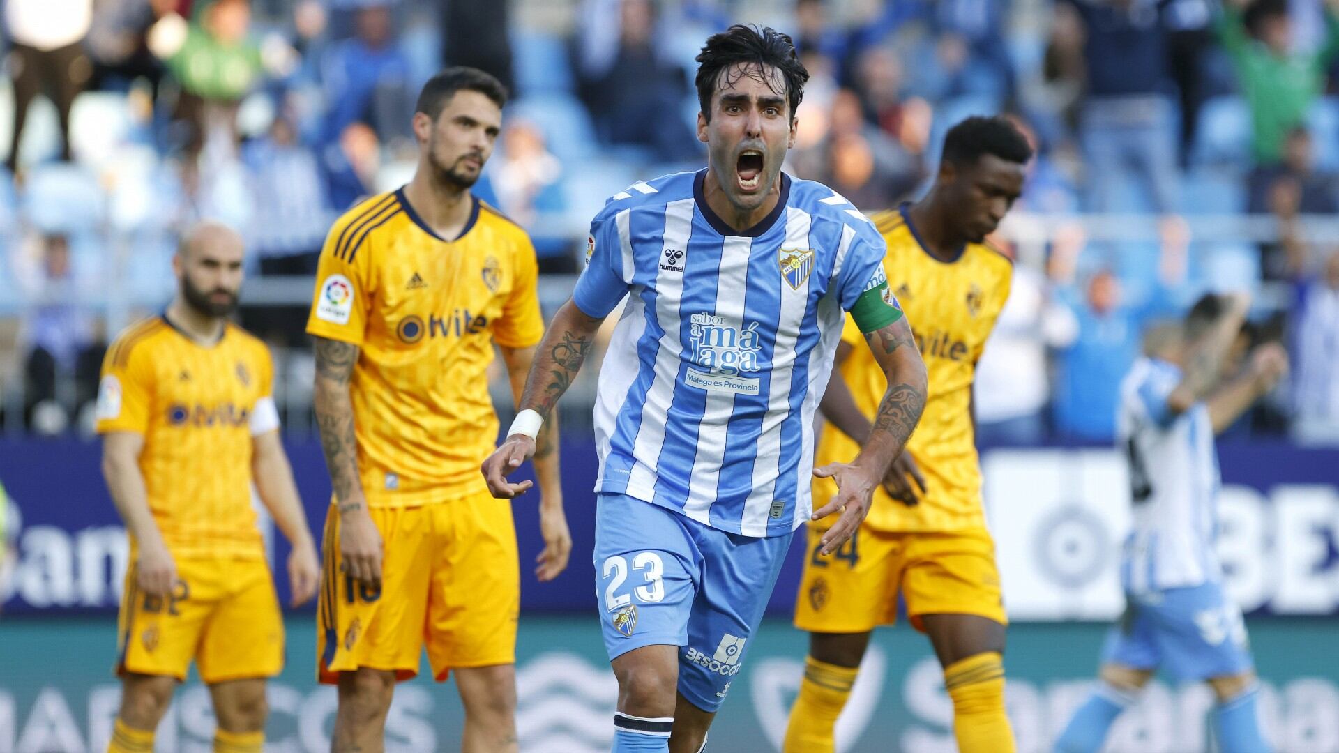Escassi celebra el gol del Málaga a la Ponferradina