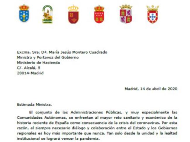Pinche aquí para consultar la carta que han enviado los seis consejeros de diferentes comunidades autónomas que han escrito a la Ministra de Hacienda, María Jesús Montero.
