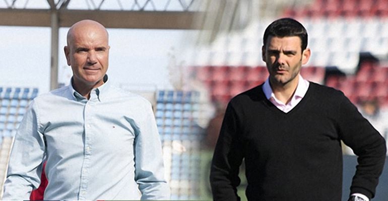 Los entrenadores del Linares Deportivo, Miguel Rivera (izquierda), y del Real Jaén, Ramón Tejada (derecha)