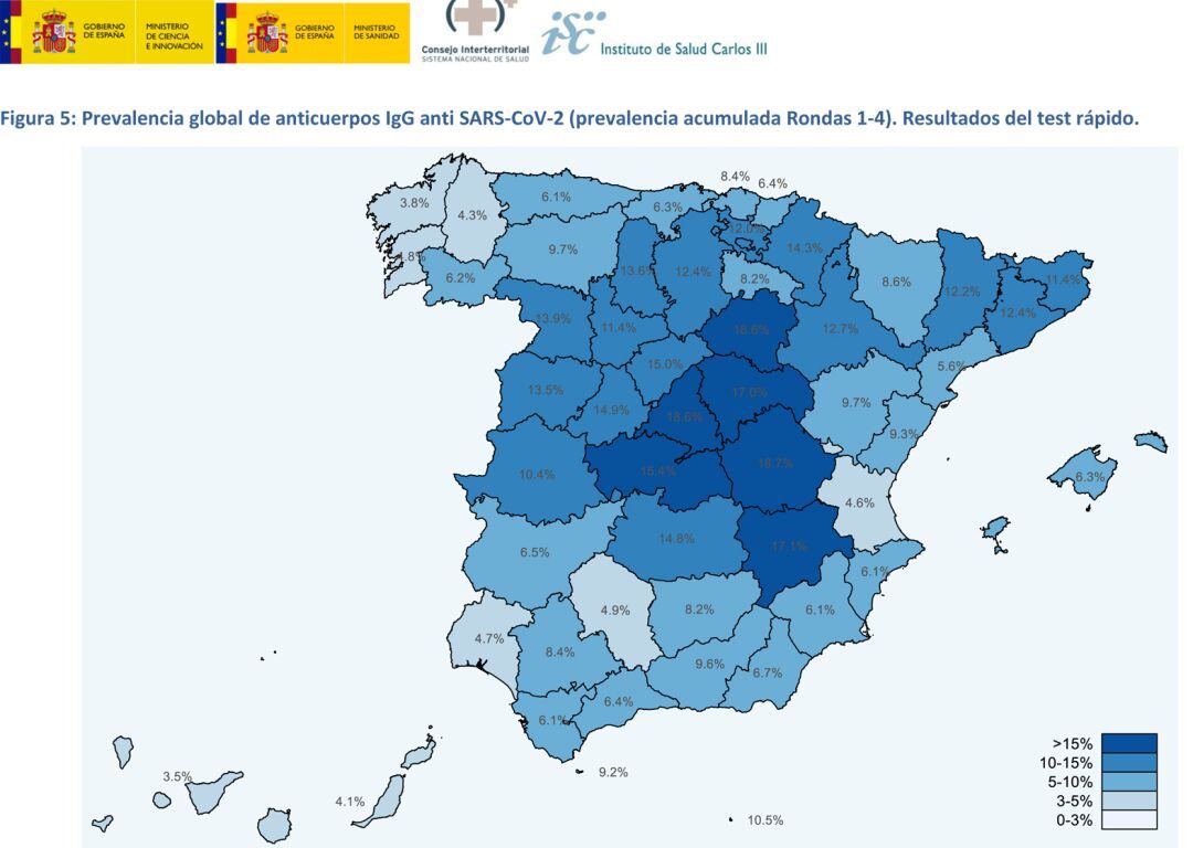 Mapa de prevalencia acumulada de los anticuerpos contra el coronavirus SARS-CoV-2 en España a 29 de noviembre
