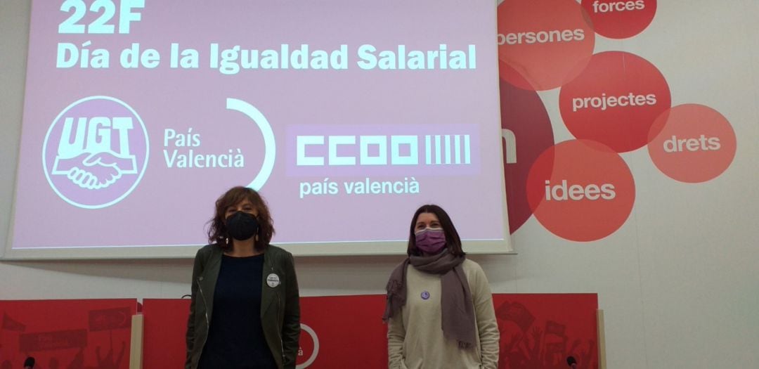 Pilar Mora ( i) y Cloti Iborra ( d) en la rueda de prensa realizada este lunes en la sede de UGT de València