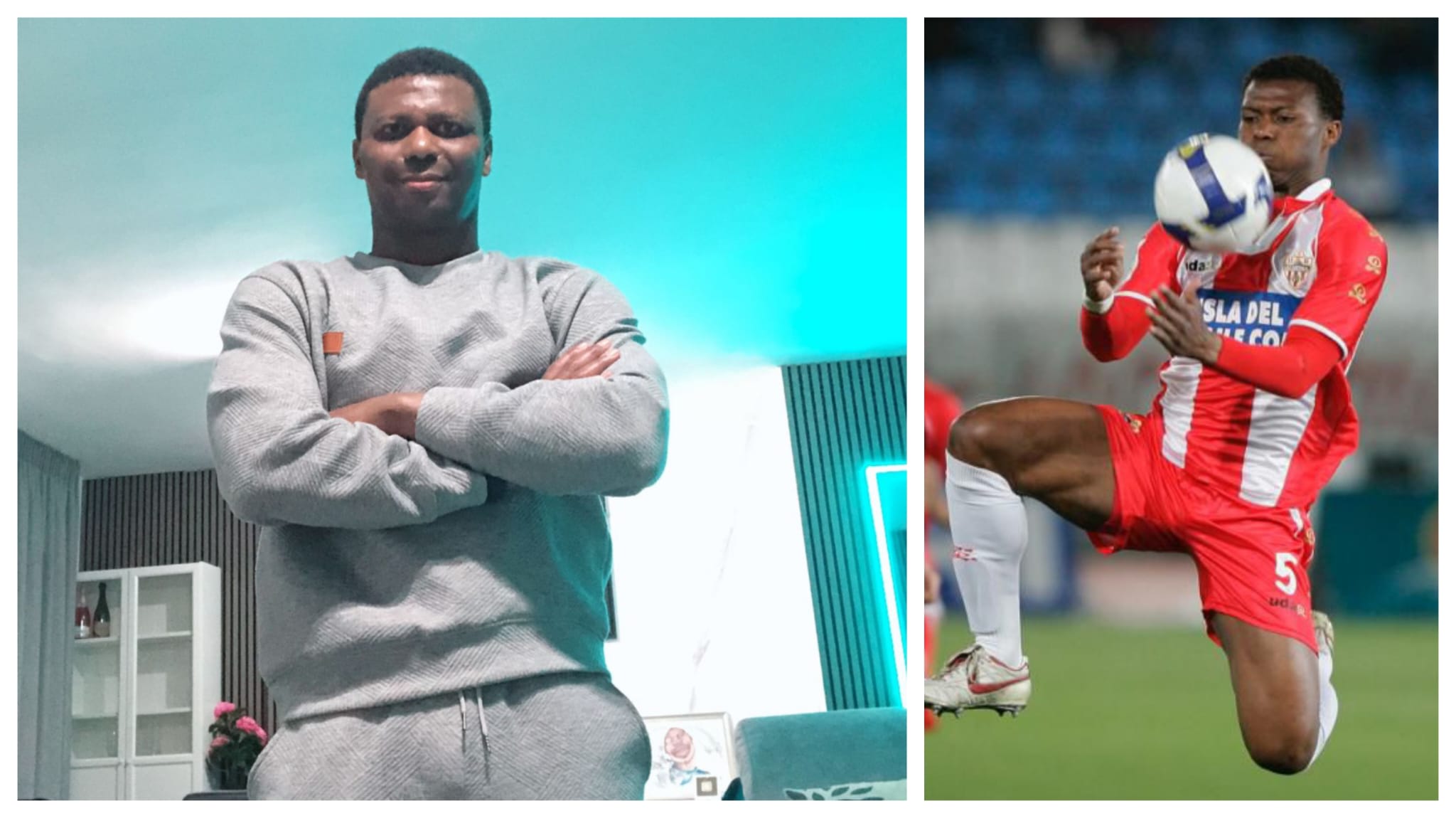 Foto actual de Kalu Uche y de su etapa con el Almería en Primera.