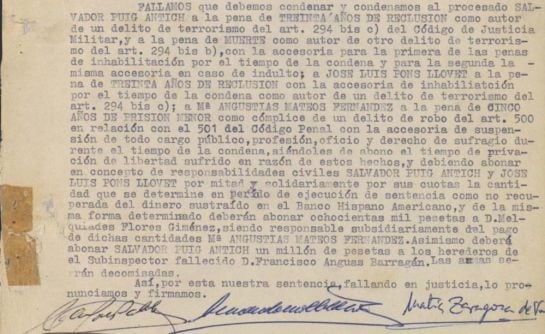 Fragment de la sentència de mort de Salvador Puig Antich (1973)