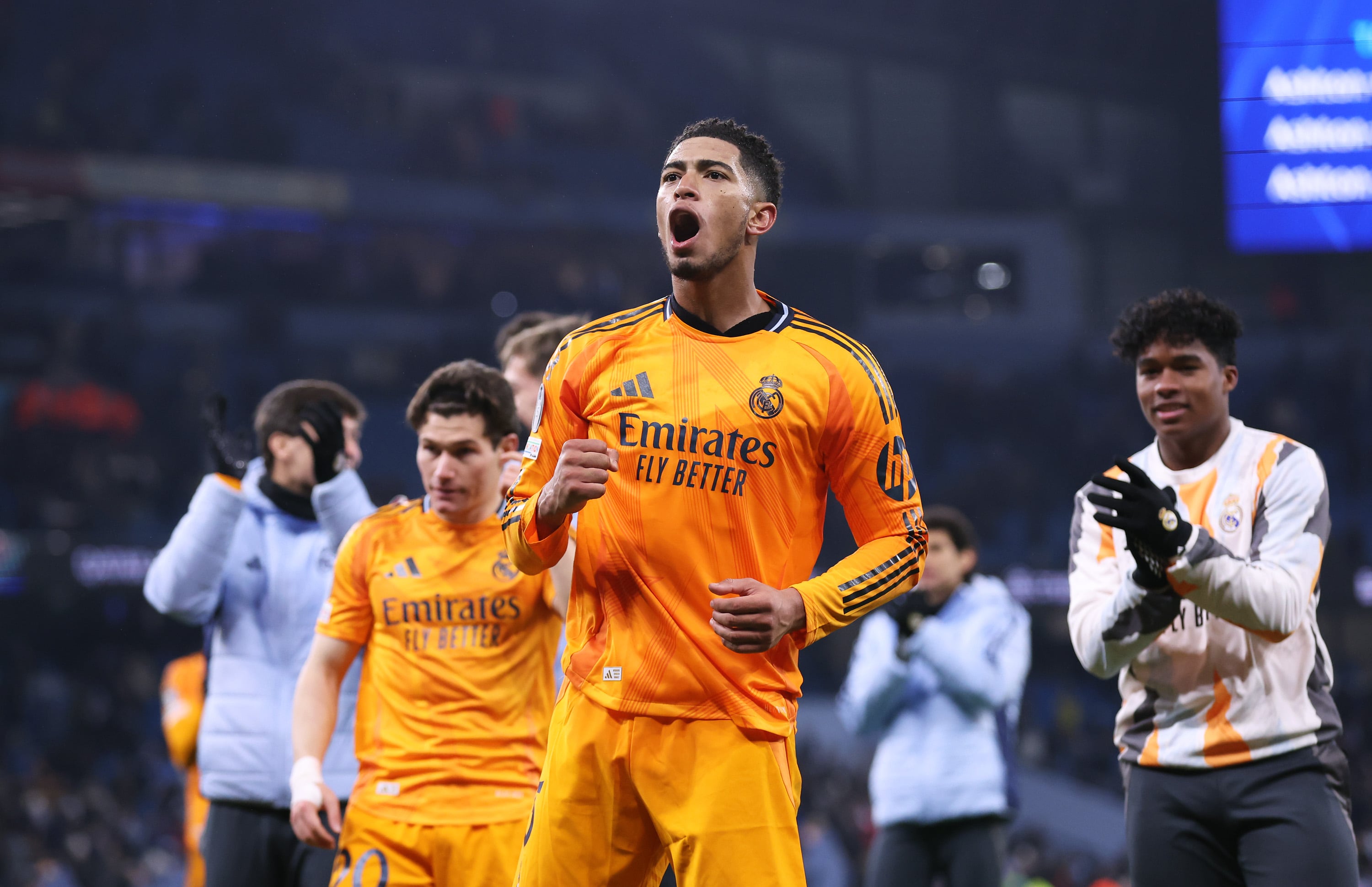 Jude Bellingham celebra su gol en el Manchester City-Real Madrid de Champions League