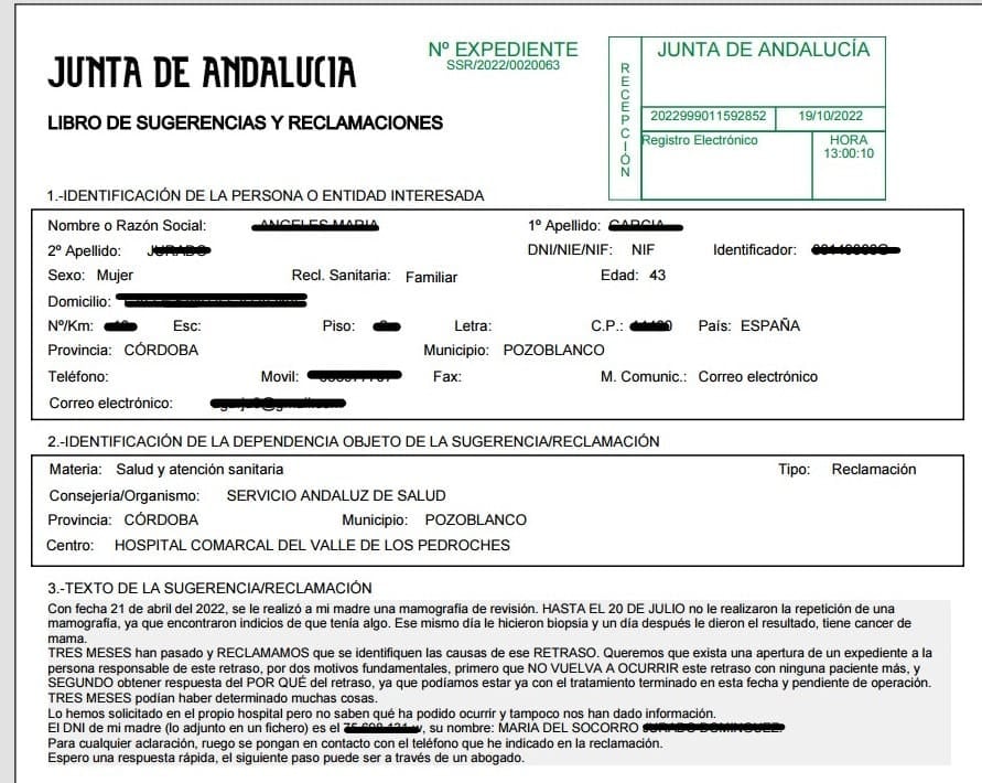 Reclamación planteada al hospital Valle de los Pedroches (Pozoblanco) por Ángela García tras el retraso en el resultado de la mamografía de su madre.