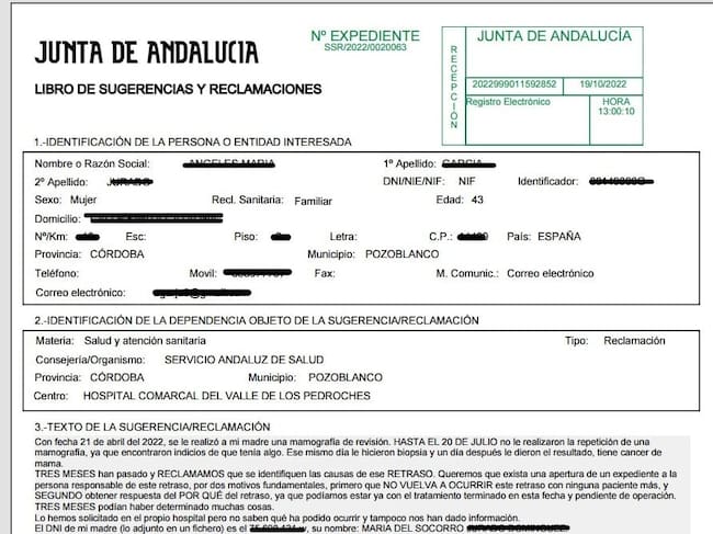 Reclamación planteada al hospital Valle de los Pedroches (Pozoblanco) por Ángela García tras el retraso en el resultado de la mamografía de su madre.