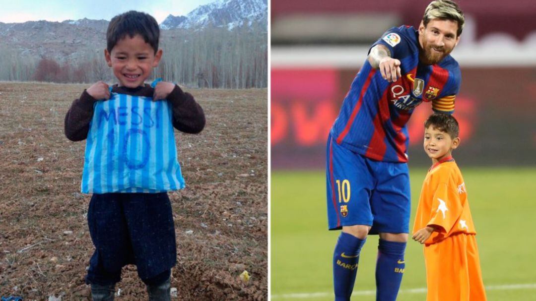 Murtaza, con la camiseta de plástico de Messi y el día que conoció al jugador