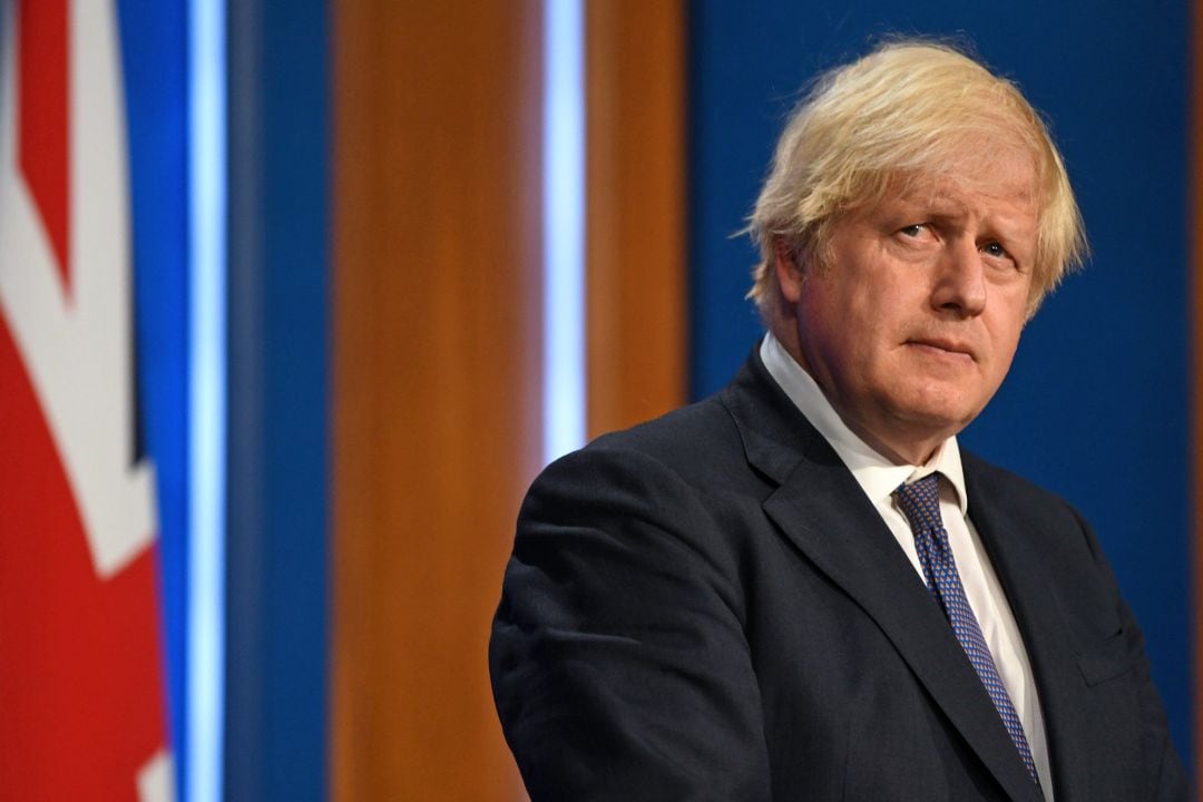 El primer ministro británico, Boris Johnson, durante una rueda de prensa sobre la situación de la pandemia celebrada en Londres este martes.