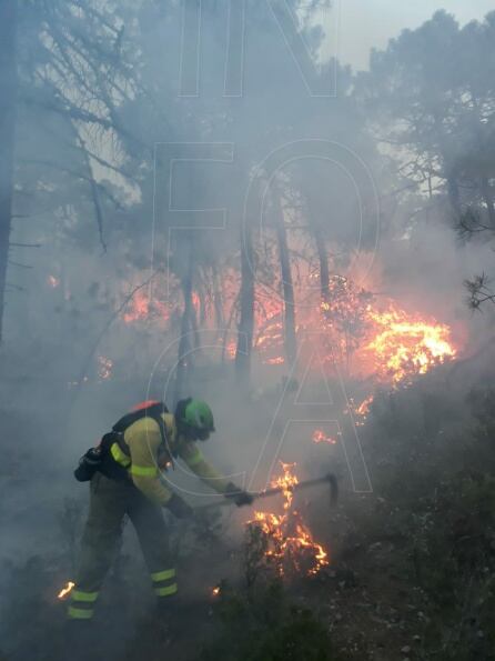 Un especialista realiza tareas de extinción en el incendio forestal de Iznatoraf