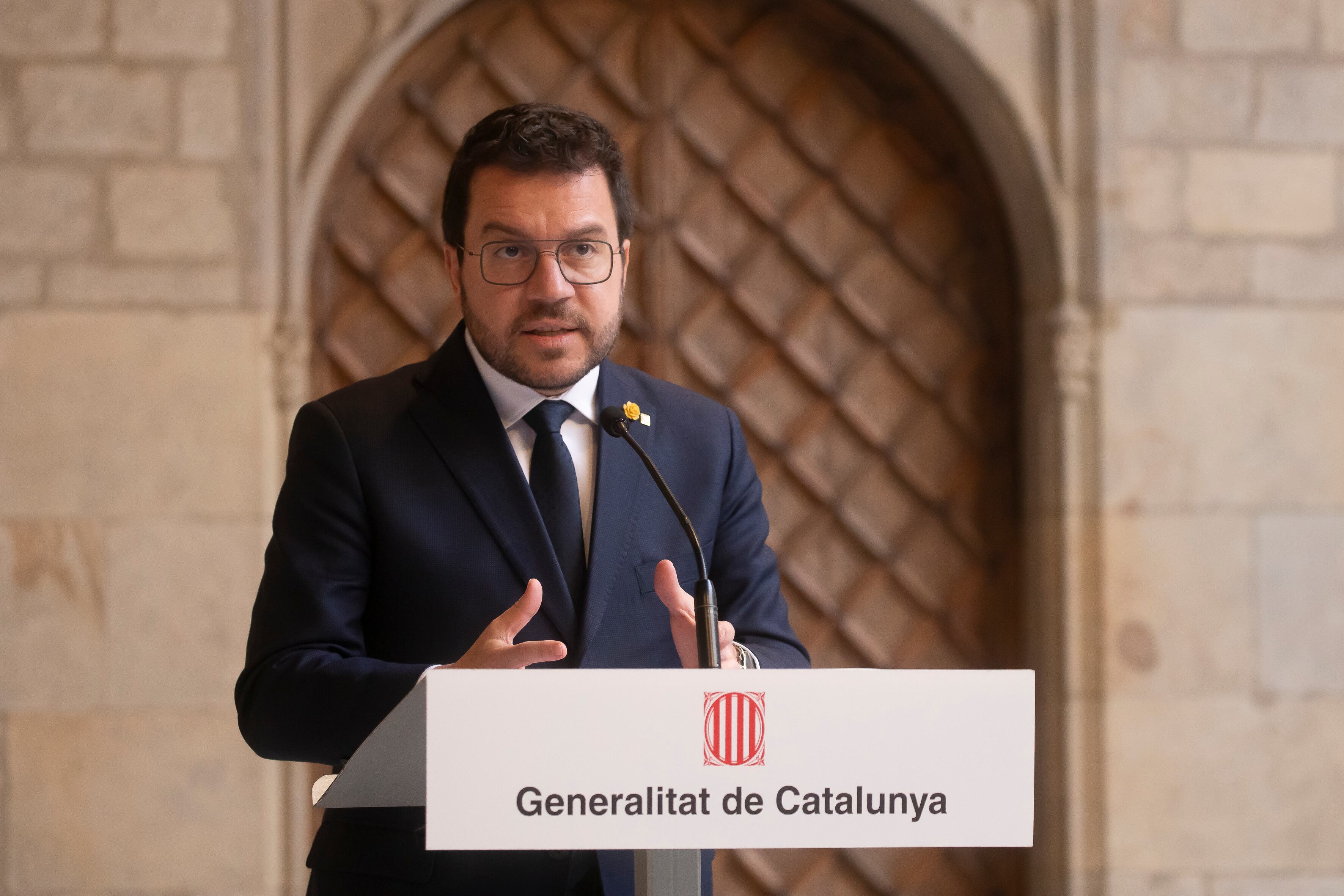 Pere Aragonès, presidente de la Generalitat de Catalunya, habla sobre la Fórmula 1 en la comunidad. (Photo by Albert Llop/NurPhoto via Getty Images)