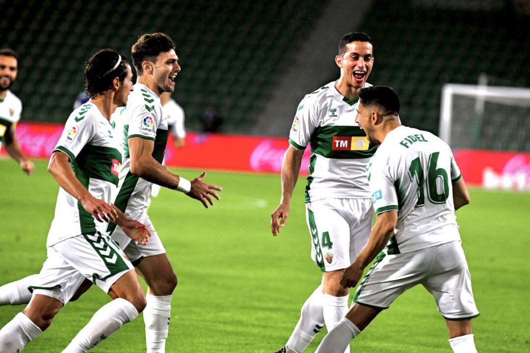 Los jugadores del Elche celebran el gol de Fidel al Valencia