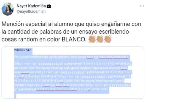 Captura del tuit de Nayet Kadeiman en el que pilla a su alumno.