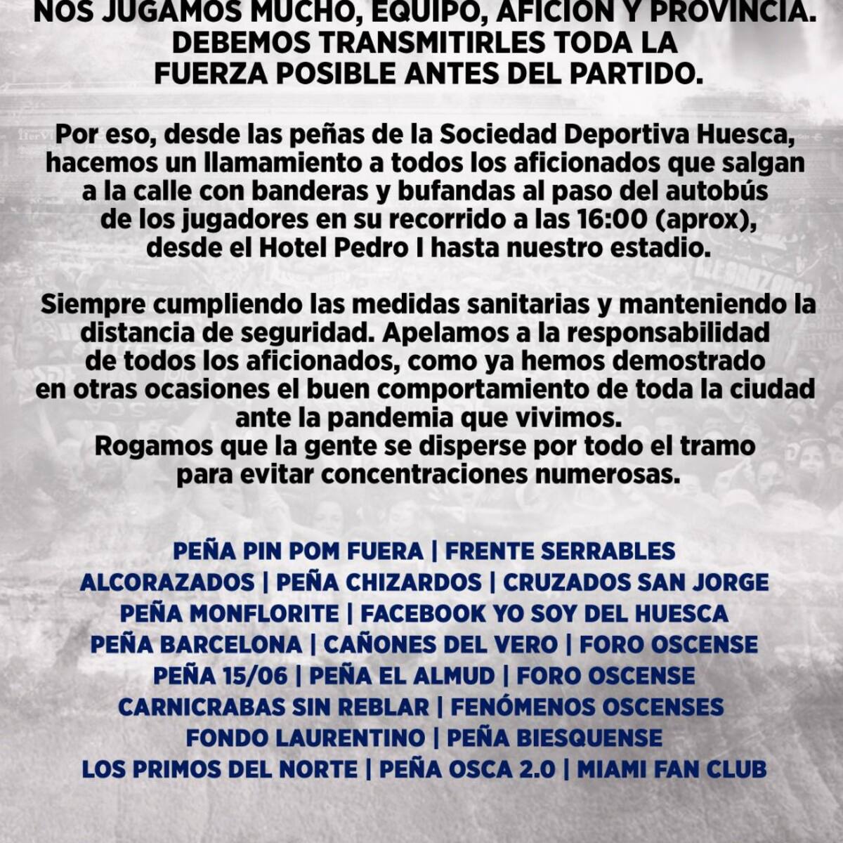 Las peñas de la SD Huesca hacen un llamamiento para recibir al equipo de forma responsable