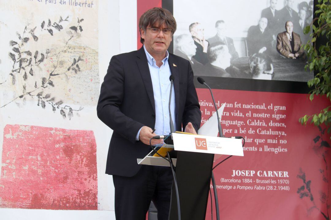 Carles Puigdemont durant una conferència a la Universitat Catalana d'Estiu (UCE)