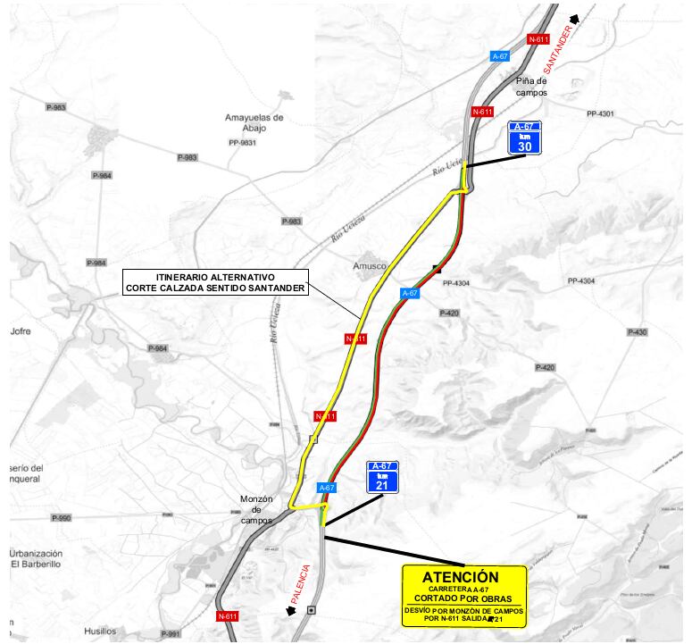 Modificación en las afectaciones al tráfico en la A-67 por las obras de la línea de alta velocidad Palencia – Aguilar de Campoo