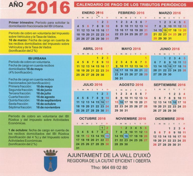 Calendario de pago de los tributos periódicos en Vall d&#039;Uixó