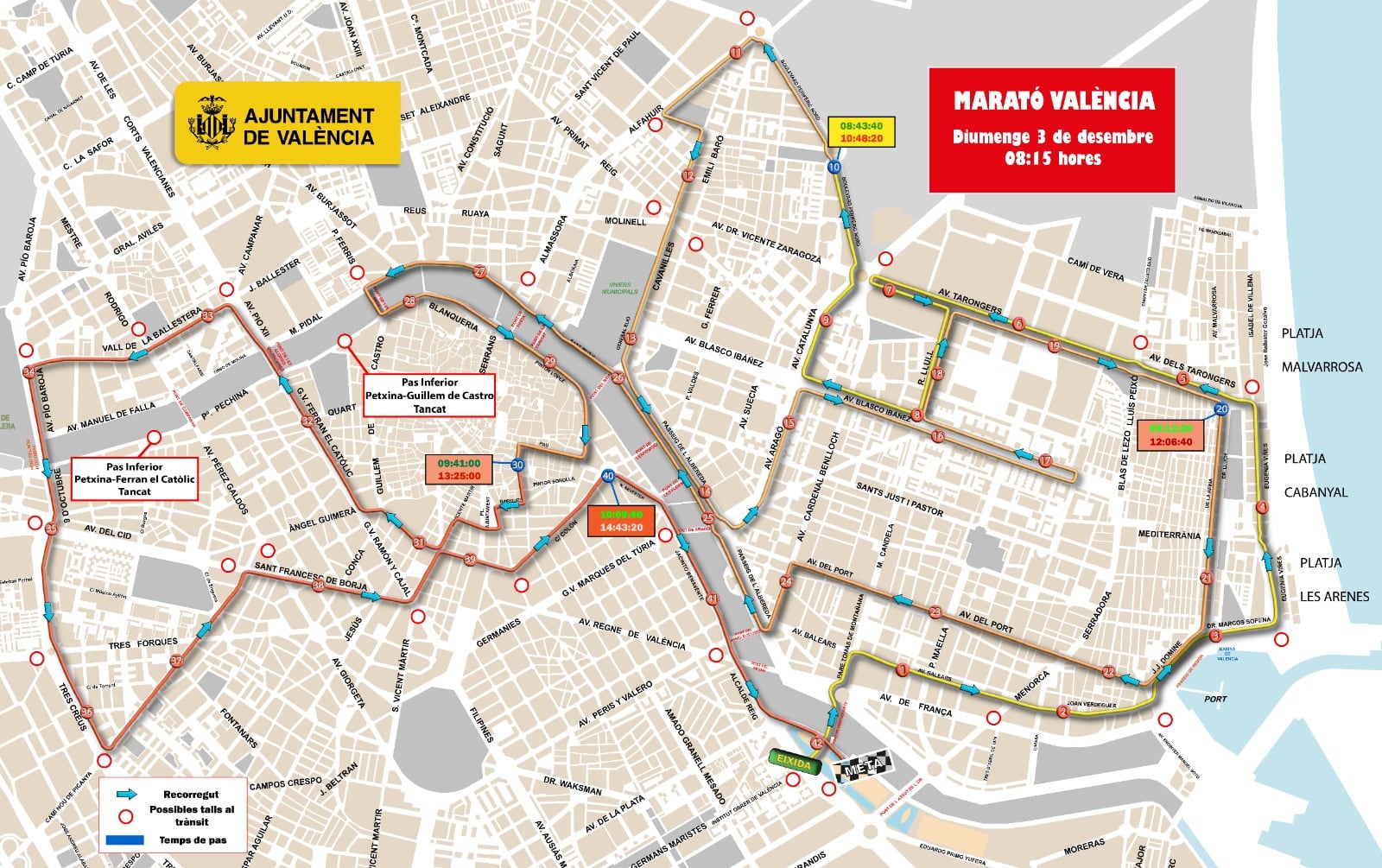 Plano del corte de calles en el Maratón València Trinidad Alfonso del 3 de diciembre de 2023