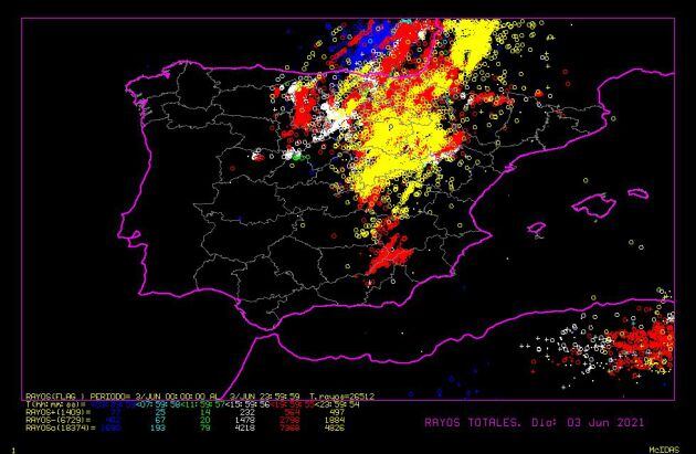 Rayos caídos en la jornada del jueves.